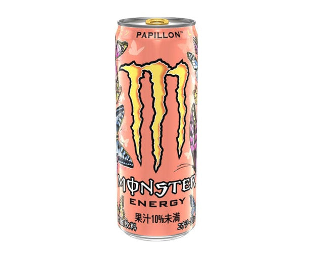 Monster Energy Juice Papillon contains a blend of real fruit juices, including peach, pineapple, and mango juice, along with Monster’s energy blend, which typically includes caffeine, taurine, guarana, and ginseng. The can features a colorful illustration of butterflies.
Volume: 355 ml
